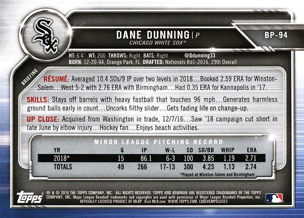 2019 Bowman Prospects Dane Dunning #BP-94 Chicago White Sox