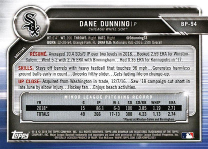 2019 Bowman Prospects Dane Dunning #BP-94 Chicago White Sox