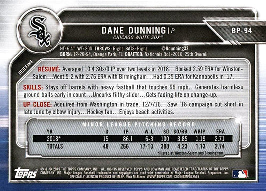 2019 Bowman Prospects Dane Dunning #BP-94 Chicago White Sox