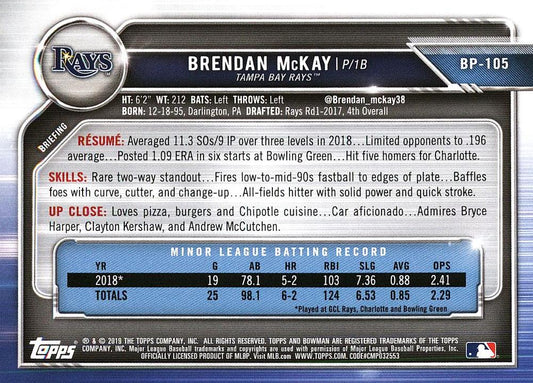 2019 Bowman Prospects Brendan McKay #BP-105 Tampa Bay Rays