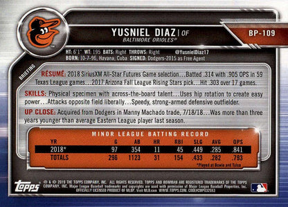 2019 Bowman Prospects Y#USniel Diaz #BP-109 Baltimore Orioles