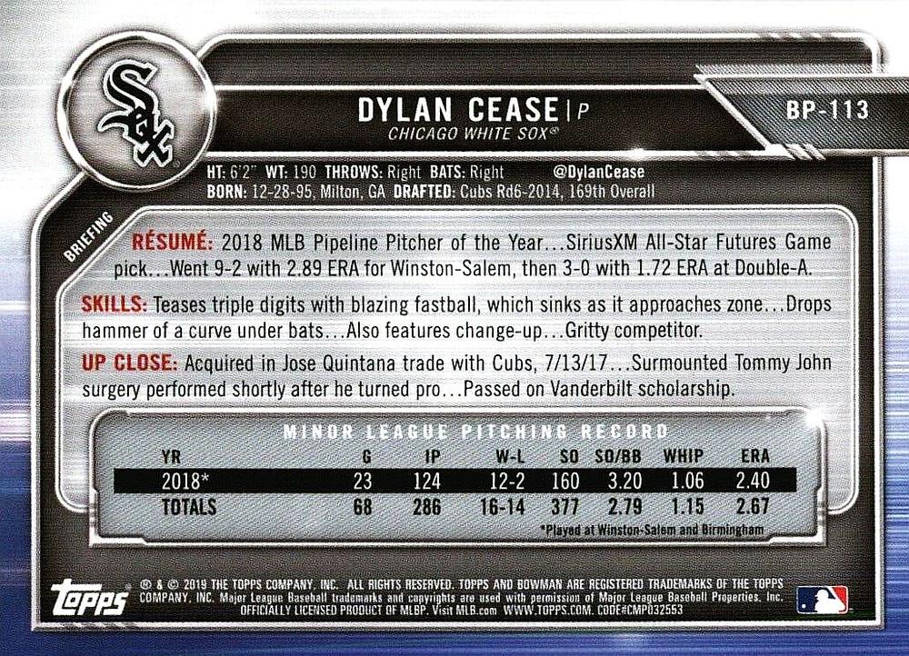 2019 Bowman Prospects Dylan Cease #BP-113 Chicago White Sox