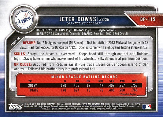 2019 Bowman Prospects Jeter Downs #BP-115 Los Angeles Dodgers