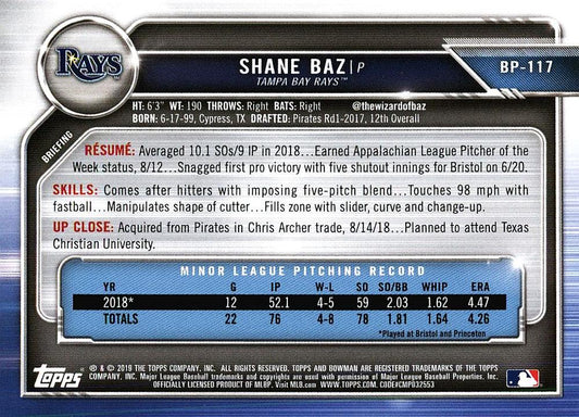 2019 Bowman Prospects Shane Baz #BP-117 Tampa Bay Rays