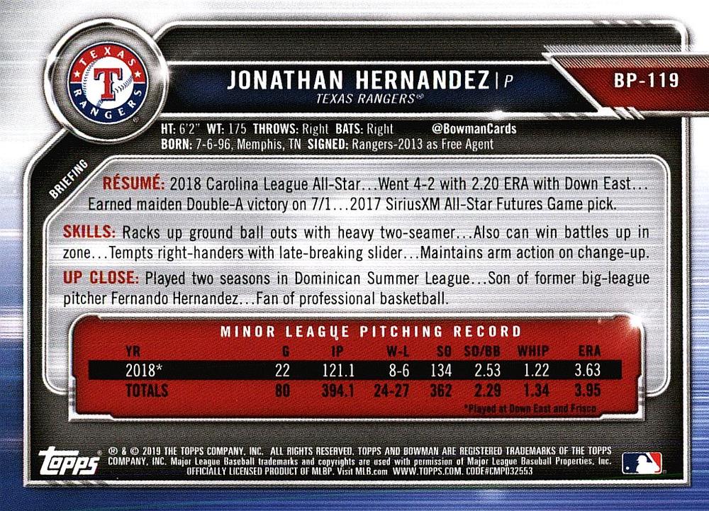 2019 Bowman Prospects Jonathan Hernandez #BP-119 Texas Rangers