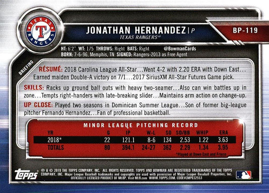 2019 Bowman Prospects Jonathan Hernandez #BP-119 Texas Rangers