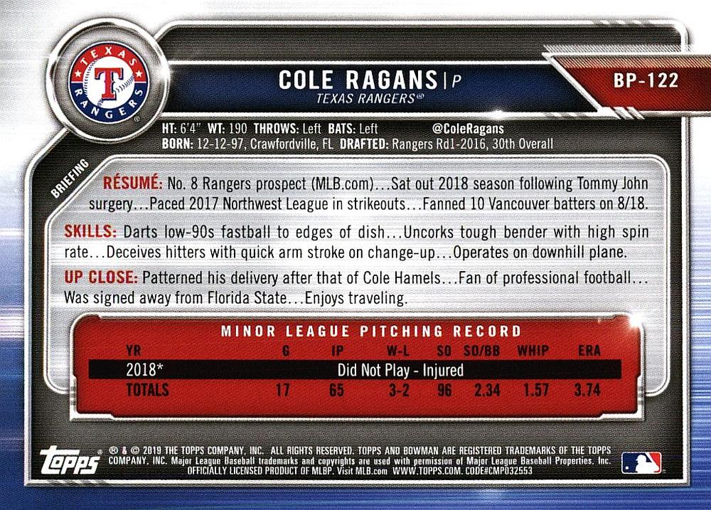 2019 Bowman Prospects Cole Ragans #BP-122 Texas Rangers