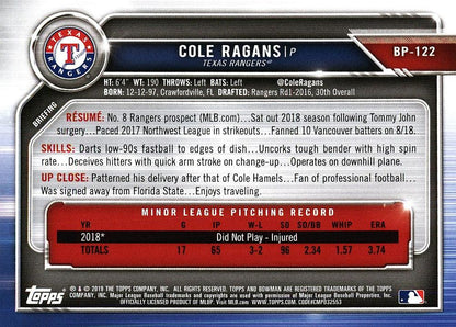 2019 Bowman Prospects Cole Ragans #BP-122 Texas Rangers