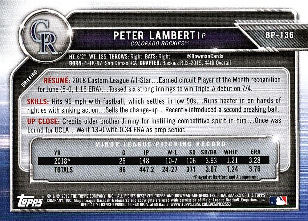 2019 Bowman Prospects Peter Lambert #BP-136 Colorado Rockies
