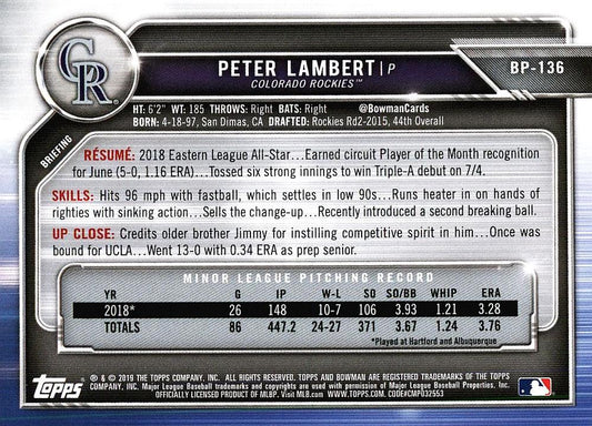 2019 Bowman Prospects Peter Lambert #BP-136 Colorado Rockies