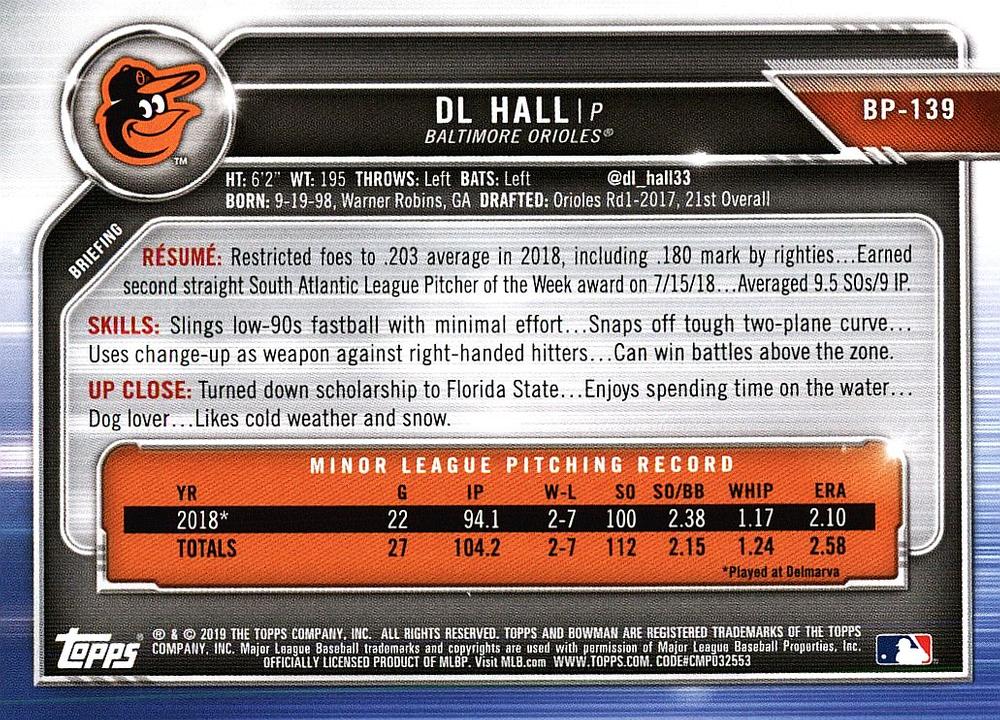 2019 Bowman Prospects DL Hall #BP-139 Baltimore Orioles