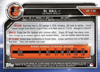 2019 Bowman Prospects DL Hall #BP-139 Baltimore Orioles