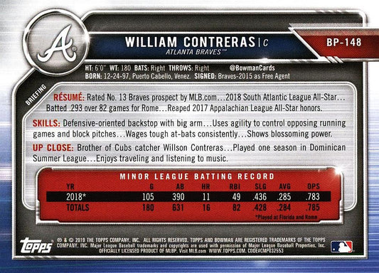 2019 Bowman Prospects William Contreras #BP-148 Atlanta Braves