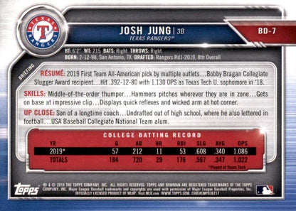 2019 Bowman Draft Josh Jung FBC BD-7 Texas Rangers