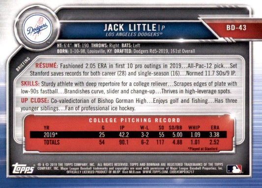 2019 Bowman Draft Jack Little FBC BD-43 Los Angeles Dodgers