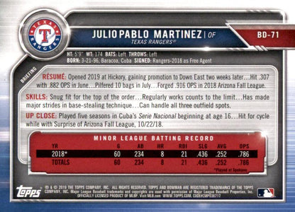2019 Bowman Draft Julio Pablo Martinez BD-71 Texas Rangers