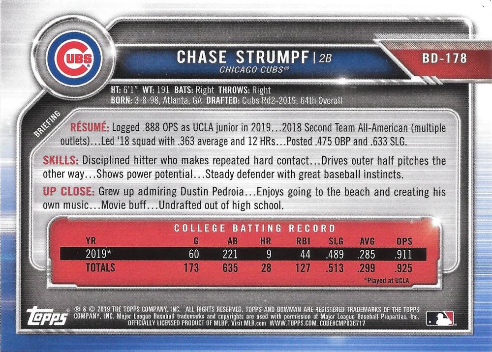 2019 Bowman Draft Chase Strumpf FBC BD-178 Chicago Cubs