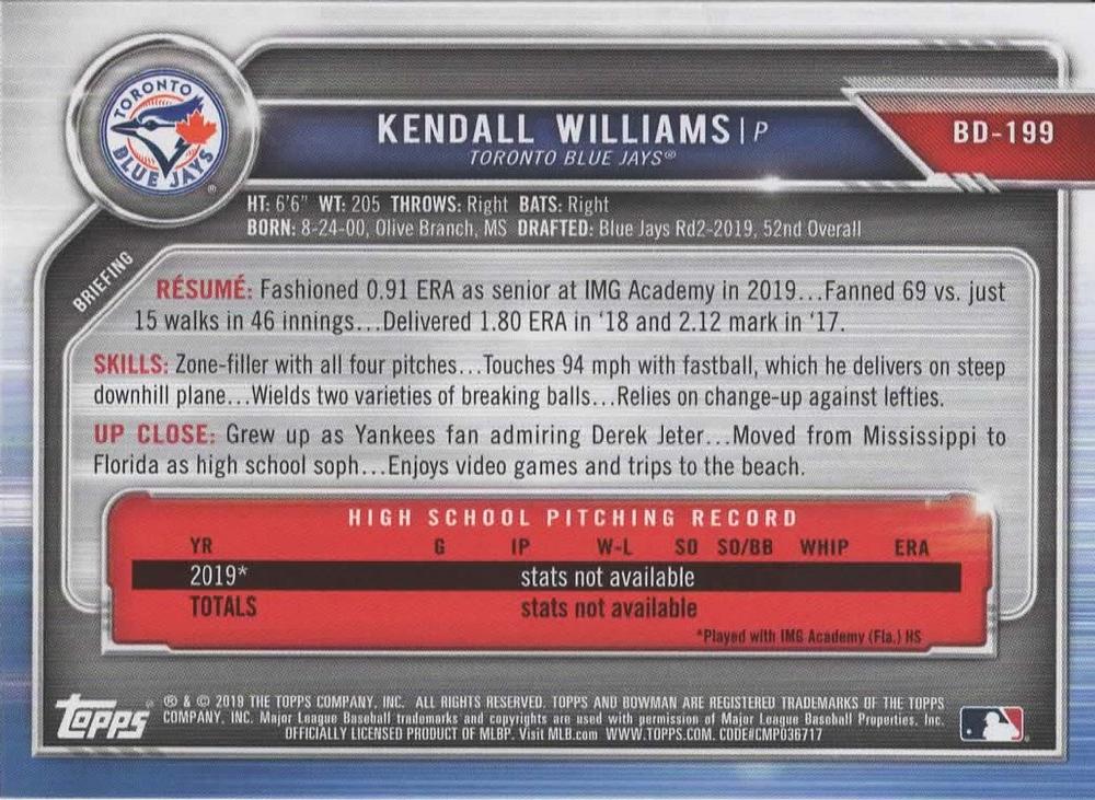 2019 Bowman Draft Kendall Williams FBC BD-199 Toronto Blue Jays