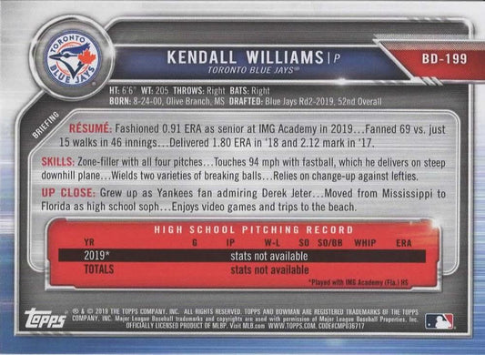 2019 Bowman Draft Kendall Williams FBC BD-199 Toronto Blue Jays
