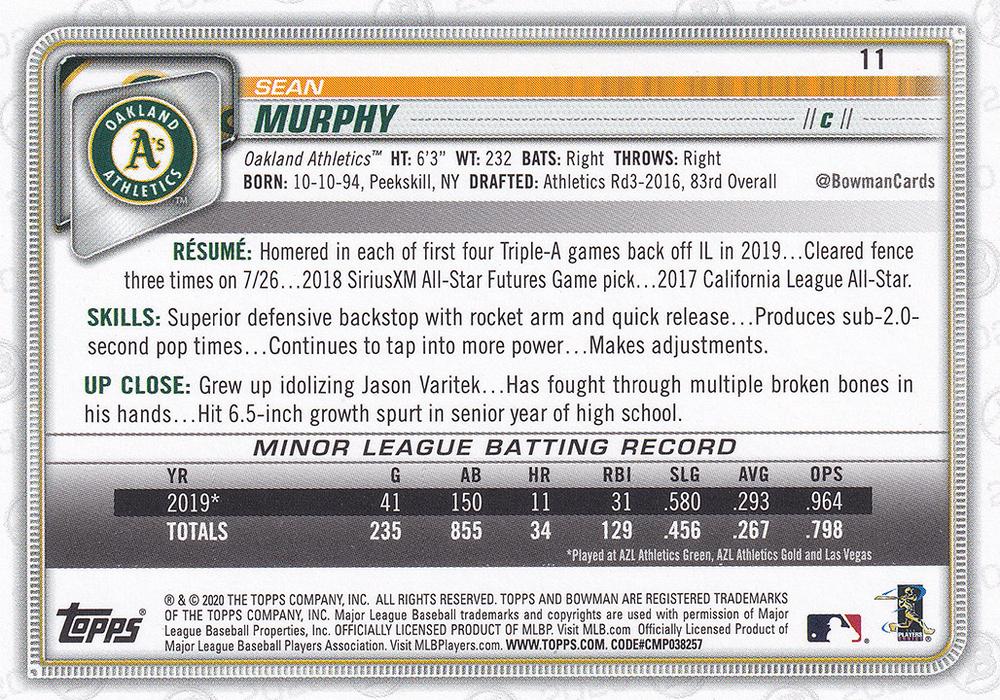 2020 Bowman Sean Murphy RC #11 Oakland Athletics