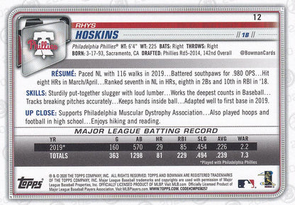 2020 Bowman Rhys Hoskins #12 Philadelphia Phillies