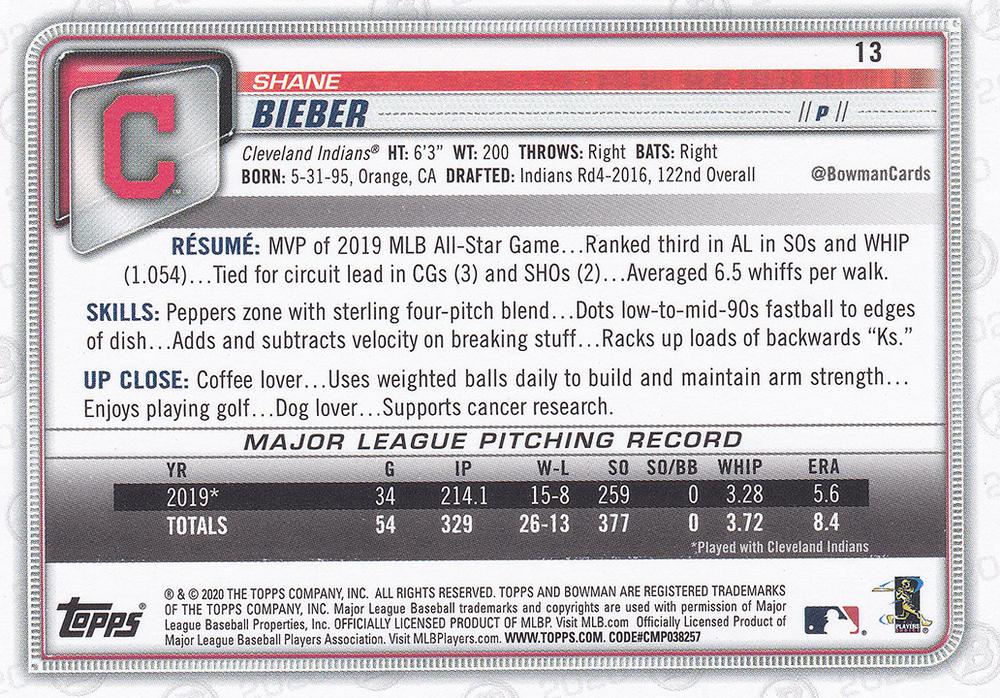 2020 Bowman Shane Bieber #13 Cleveland Indians