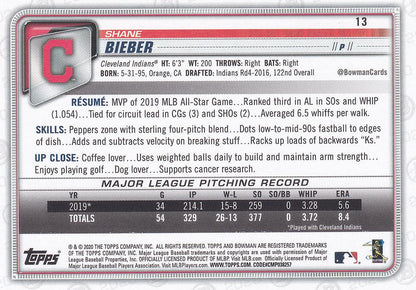 2020 Bowman Shane Bieber #13 Cleveland Indians
