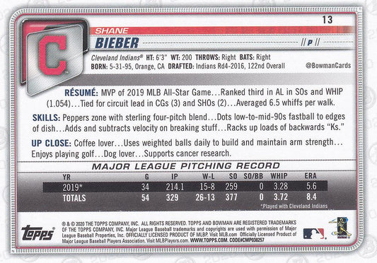 2020 Bowman Shane Bieber #13 Cleveland Indians