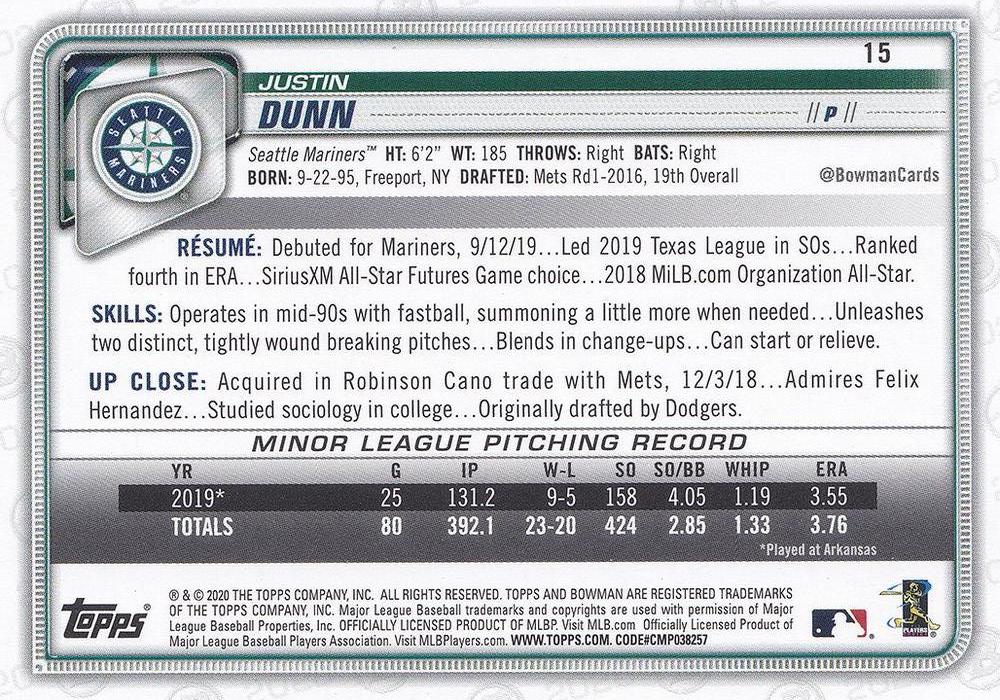 2020 Bowman Justin Dunn RC #15 Seattle Mariners