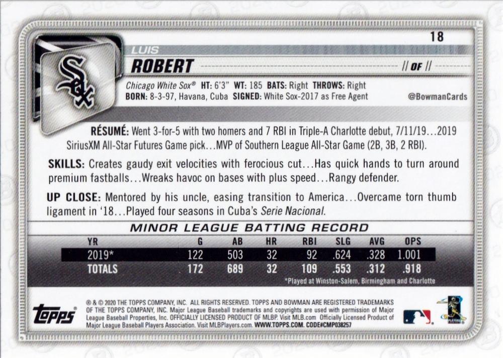 2020 Bowman Luis Robert RC #18 Chicago White Sox