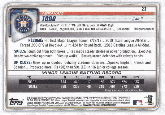 2020 Bowman Abraham Toro RC #23 Houston Astros