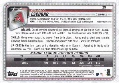 2020 Bowman Eduardo Escobar #29 Arizona Diamondbacks