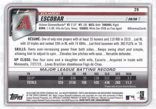 2020 Bowman Eduardo Escobar #29 Arizona Diamondbacks
