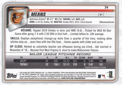 2020 Bowman John Means #34 Baltimore Orioles
