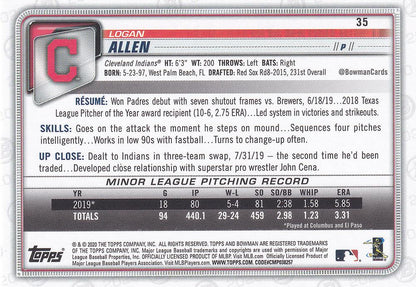 2020 Bowman Logan Allen RC #35 Cleveland Indians
