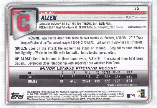2020 Bowman Logan Allen RC #35 Cleveland Indians