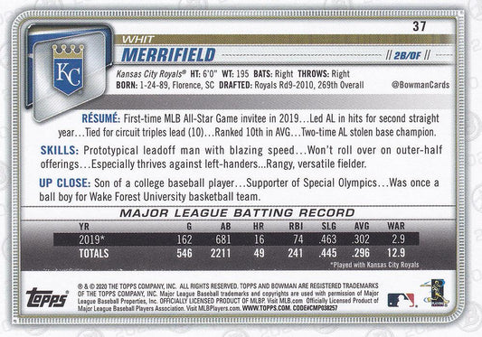 2020 Bowman Whit Merrifield #37 Kansas City Royals