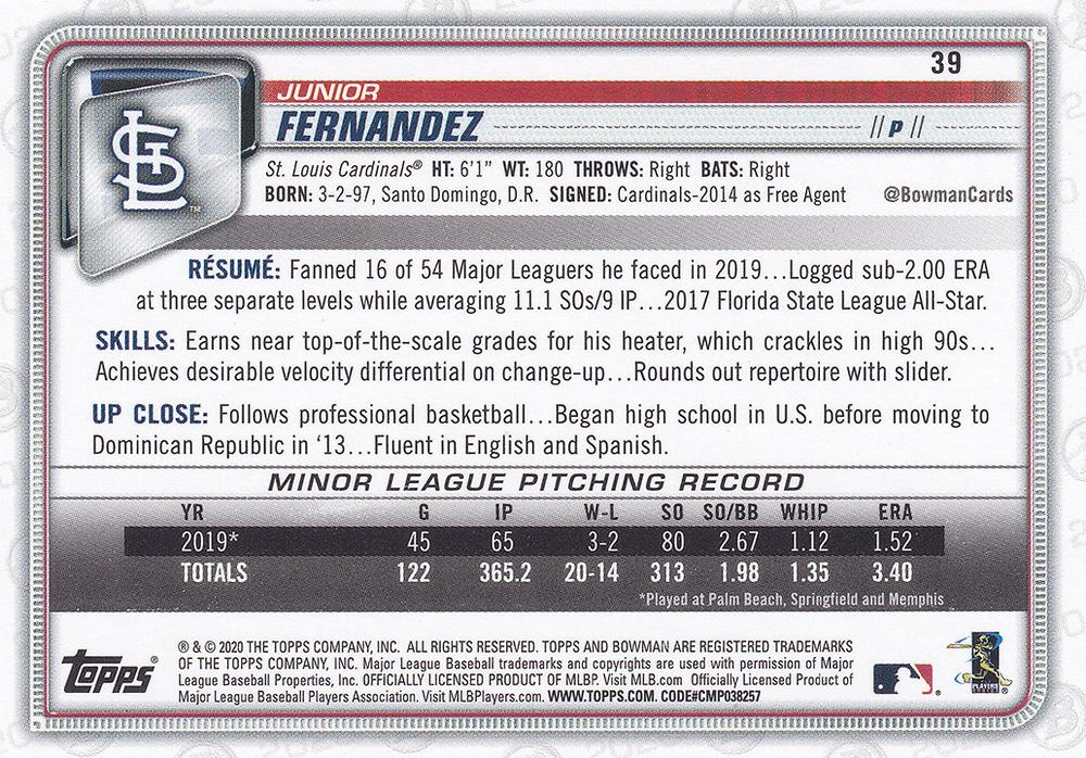 2020 Bowman Junior Fernandez RC #39 St. Louis Cardinals