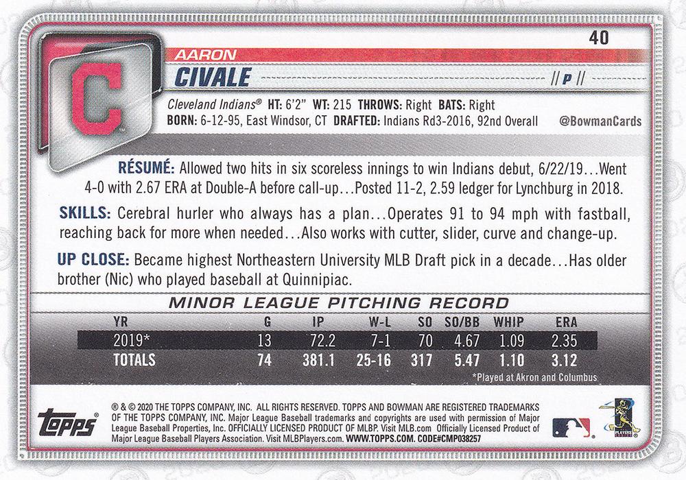 2020 Bowman Aaron Civale RC #40 Cleveland Indians