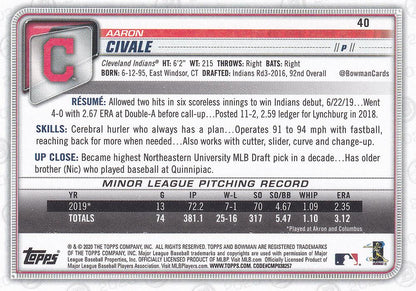 2020 Bowman Aaron Civale RC #40 Cleveland Indians