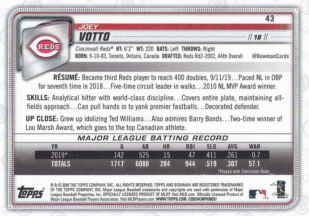 2020 Bowman Joey Votto #43 Cincinnati Reds