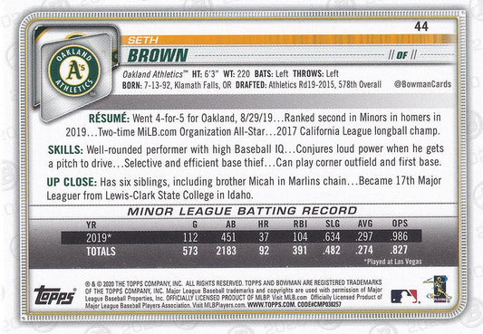 2020 Bowman Seth Brown RC #44 Oakland Athletics