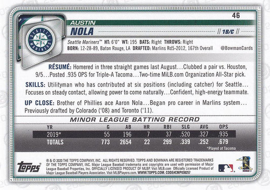 2020 Bowman Austin Nola RC #46 Seattle Mariners