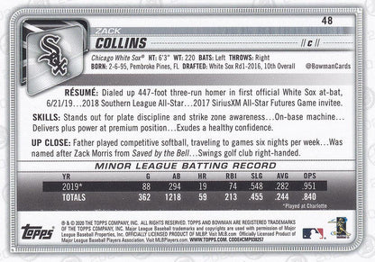 2020 Bowman Zack Collins RC #48 Chicago White Sox