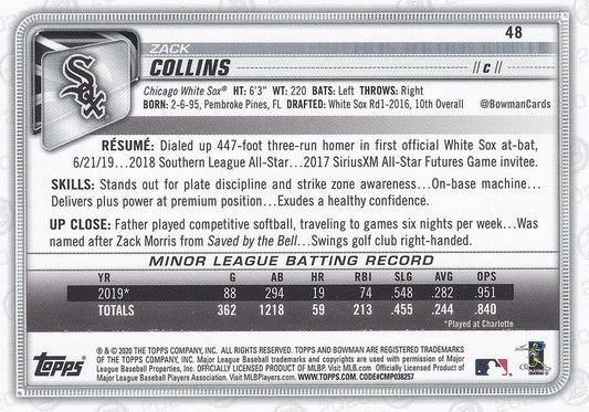 2020 Bowman Zack Collins RC #48 Chicago White Sox