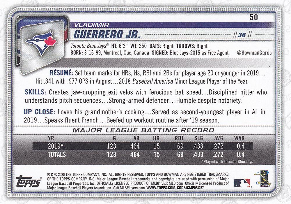 2020 Bowman Vladimir Guerrero Jr. #50 Toronto Blue Jays