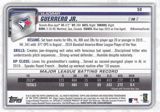 2020 Bowman Vladimir Guerrero Jr. #50 Toronto Blue Jays