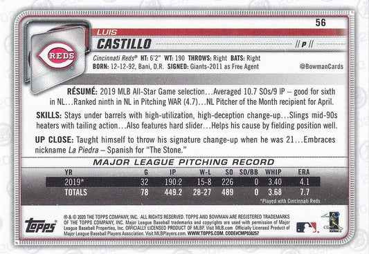 2020 Bowman Luis Castillo #56 Cincinnati Reds
