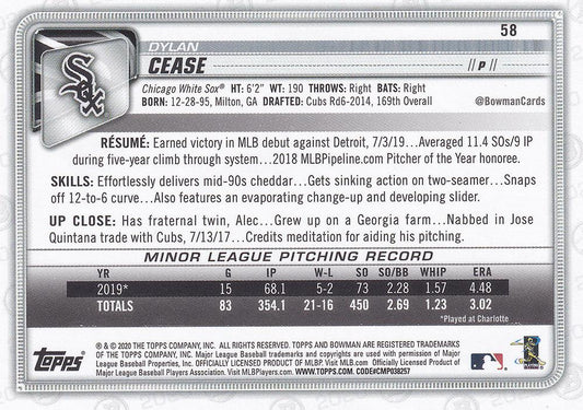 2020 Bowman Dylan Cease RC #58 Chicago White Sox