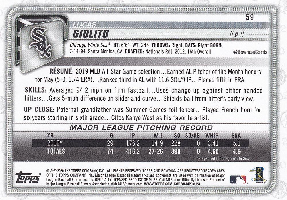 2020 Bowman Lucas Giolito #59 Chicago White Sox
